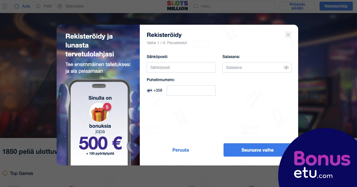 Slots million rekisteröityminen