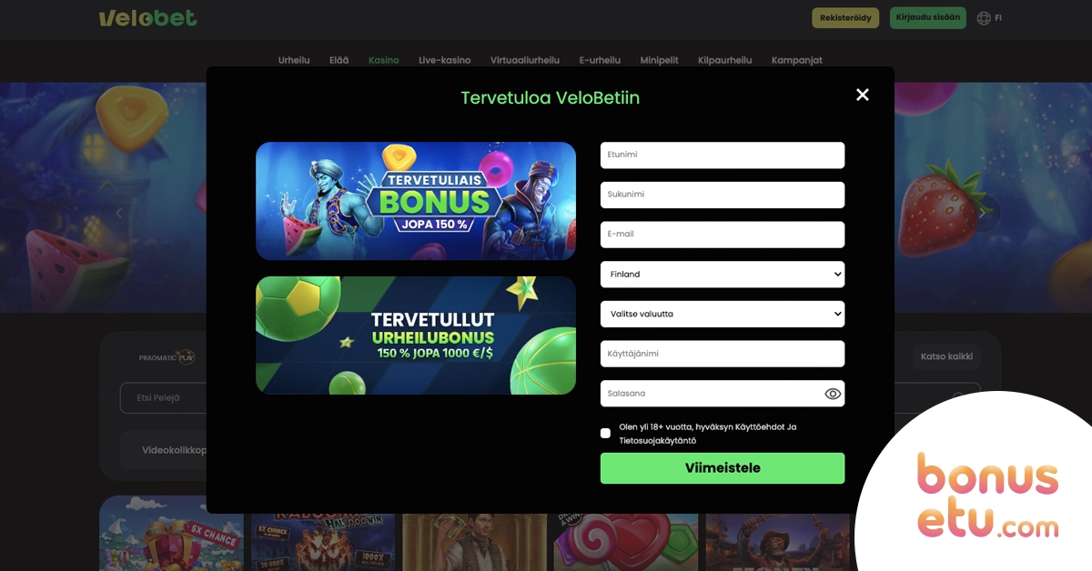 Velobet rekisteröityminen