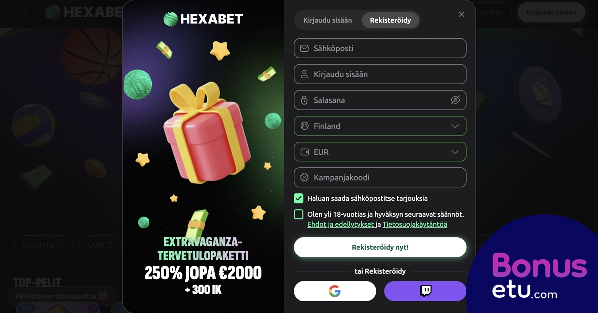 Hexabet rekisteröityminen