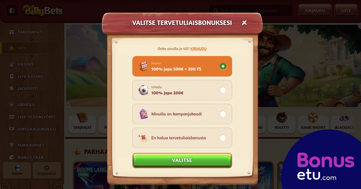 Billybets rekisteröityminen